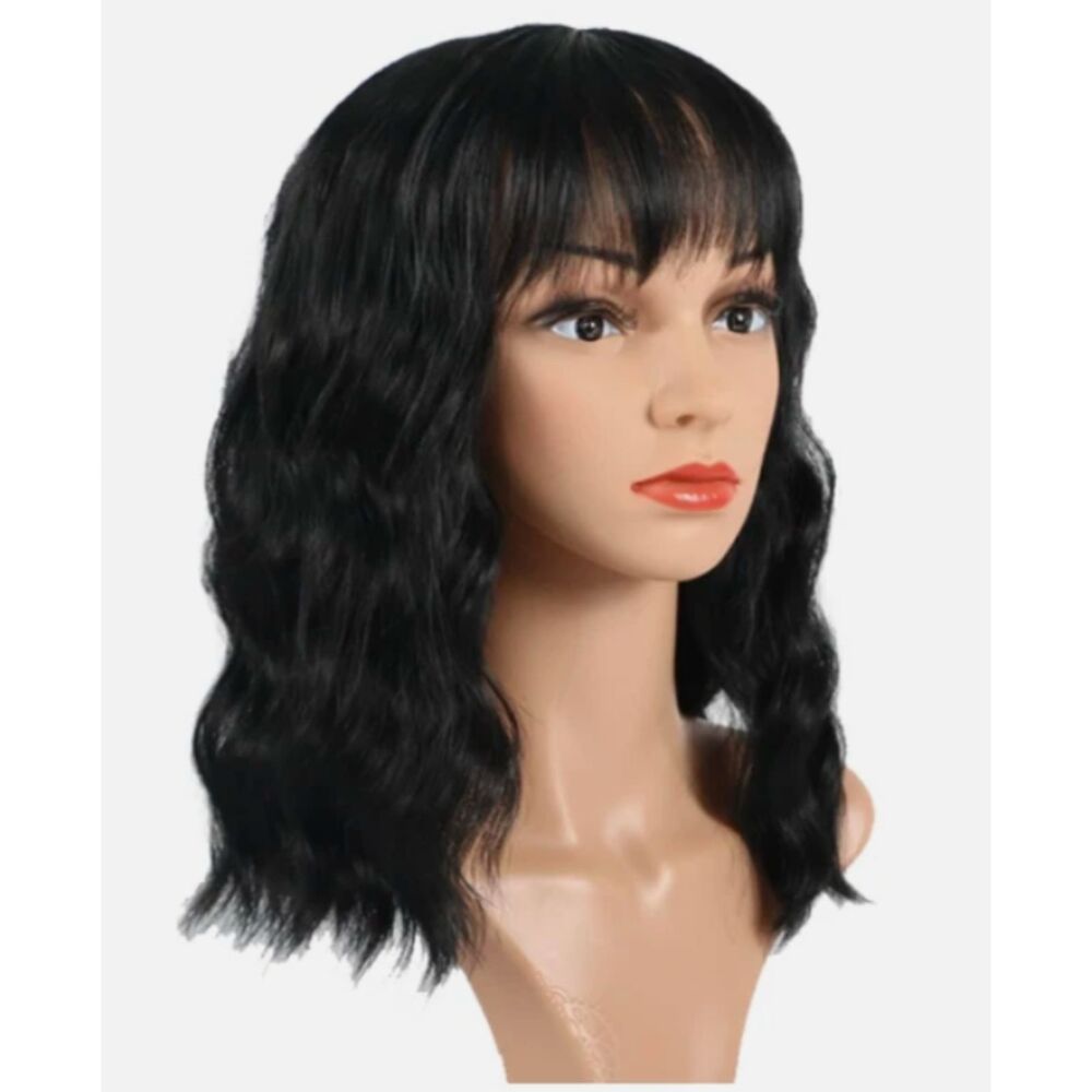 Black Wavy Bob Wig with Bangs – Natural-Looking Synthetic Hair, Heat-Resistant